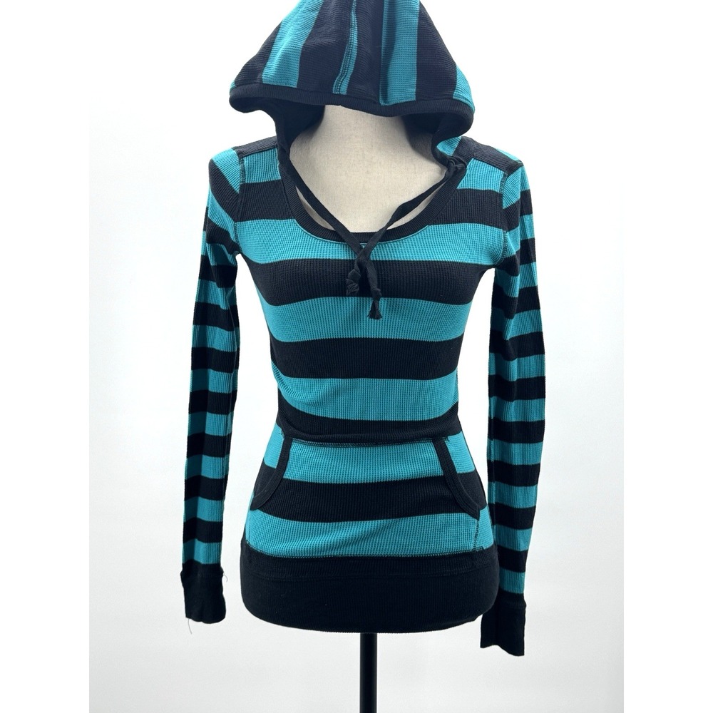 VTG Y2K Waffle Knit Hoodie Medium Henley Stripe Pocket Deep V Retro Slim 90s Fit